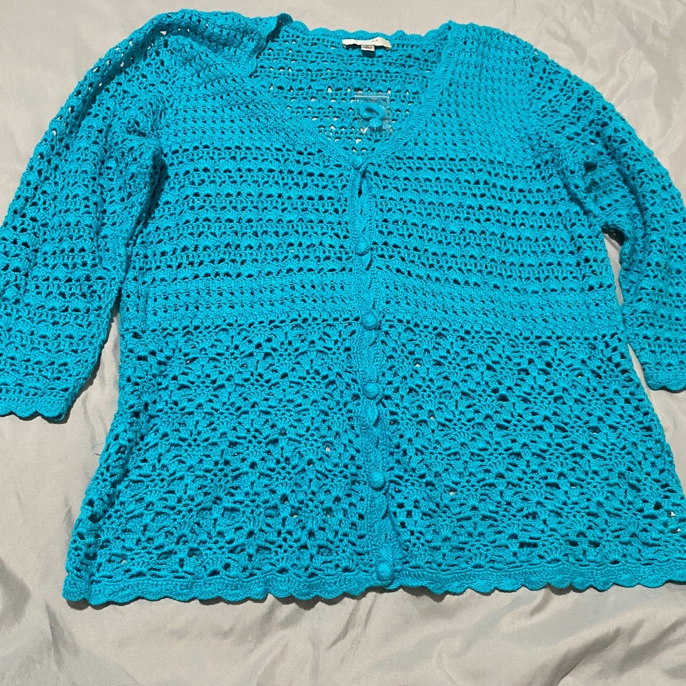 NWOT-Liz Claiborne New York Crochet Cardigan-Size XL-Aqua Blue